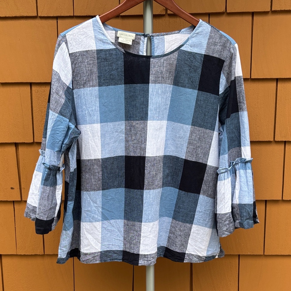 VAN HEUSEN | Blue Plaid Linen Blend Coastal Feminine Preppy Blouse Top | Size L